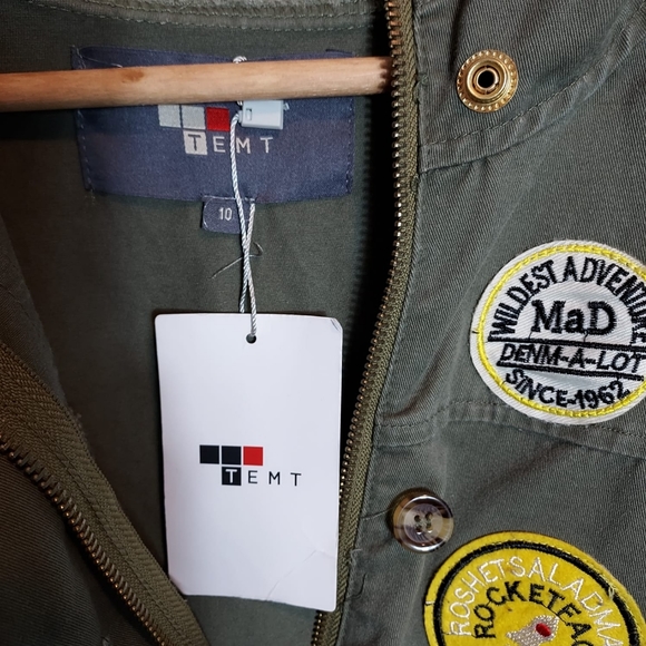 Vintage green khaki duffle jacket Temt Sz 10 patch drawstring hood denim unisex - Picture 4 of 4